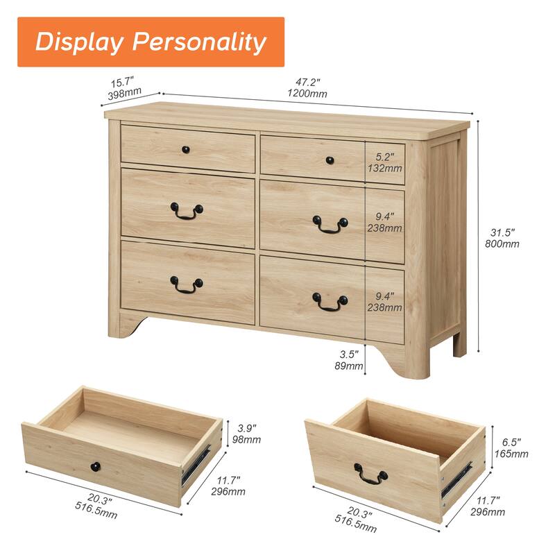 WAMPAT 6 Drawers Dresser for Bedroom, Farmhouse Dresser Wooden Dresser