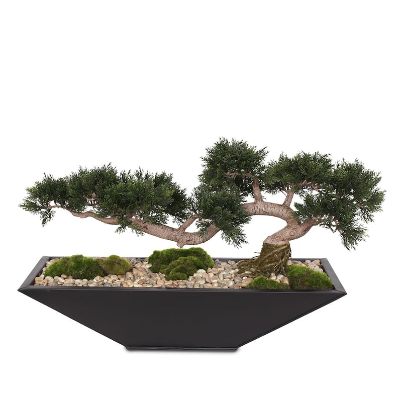 Artificial Large Cedar Bonsai, Moss, Natural Pebbles in Metal Zinc Pot - 28W x 10D x 17H