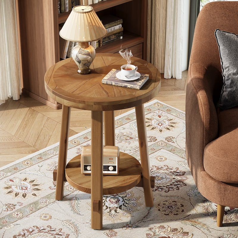 Round Side Table, Solid Wood 2 Tier End Table for Living Room