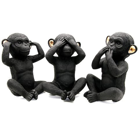 3 Wise Monkeys Speak Hear See No Evil Resin Black Gold Set of 3