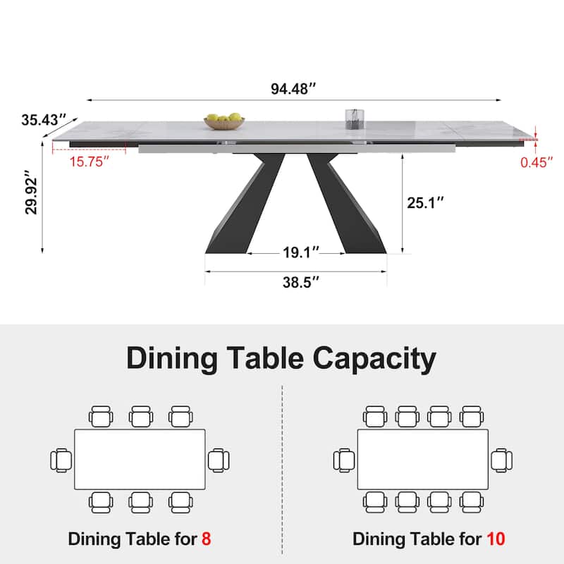 63'' to 94.5” Extendable Dining Table For 8-10 with Sintered Stone Table top and Metal Base - 94.48"