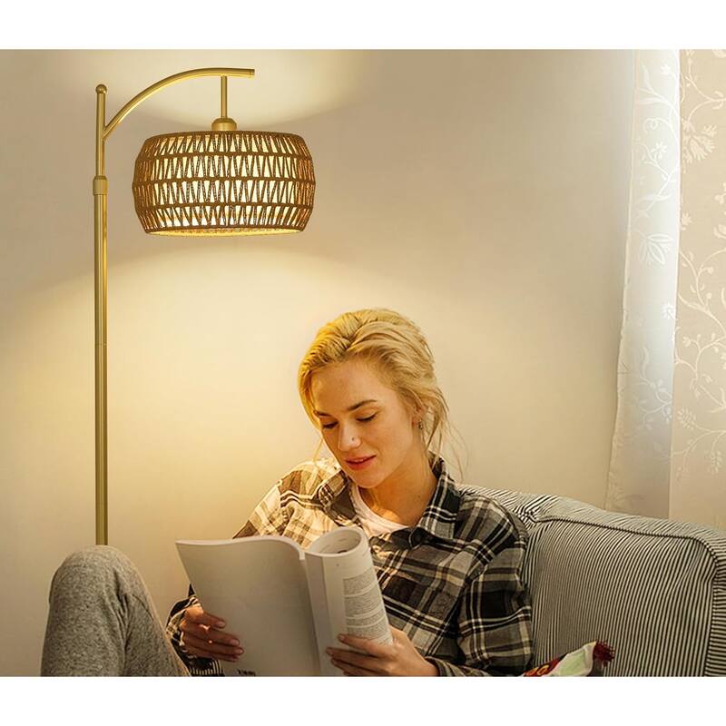 Arc Floor Lamp with 3 Color Temperatures,LED Lamp with Remote & Stepless Dimmable Bulb,Standing Lamp with Rattan & Fabric Shades