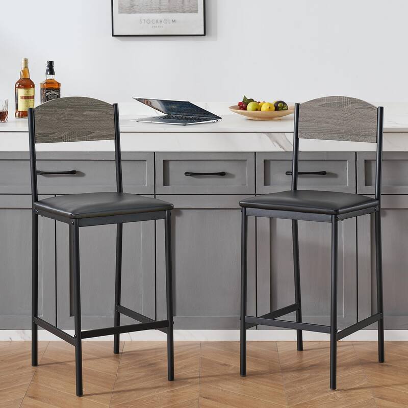 Bar Table Set of 2 with Footrest, Kitchen Dining Table with 2 Upholstered Chairs - 16.1*18.5*39.3in - Grey