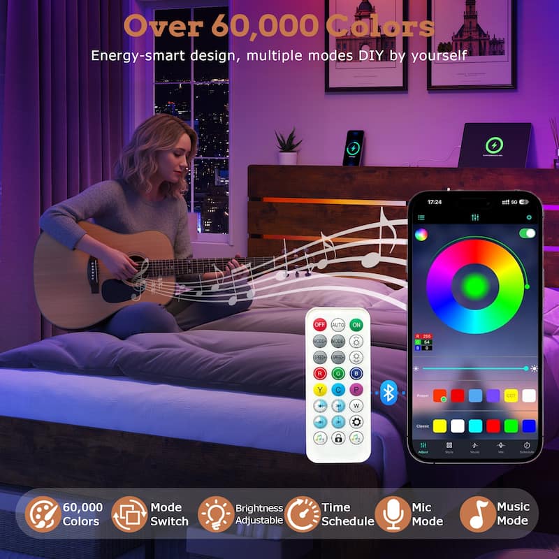 Bed Frame with Headboard and Footboard, with Under Bed Storage, LED Lights, Charging Station