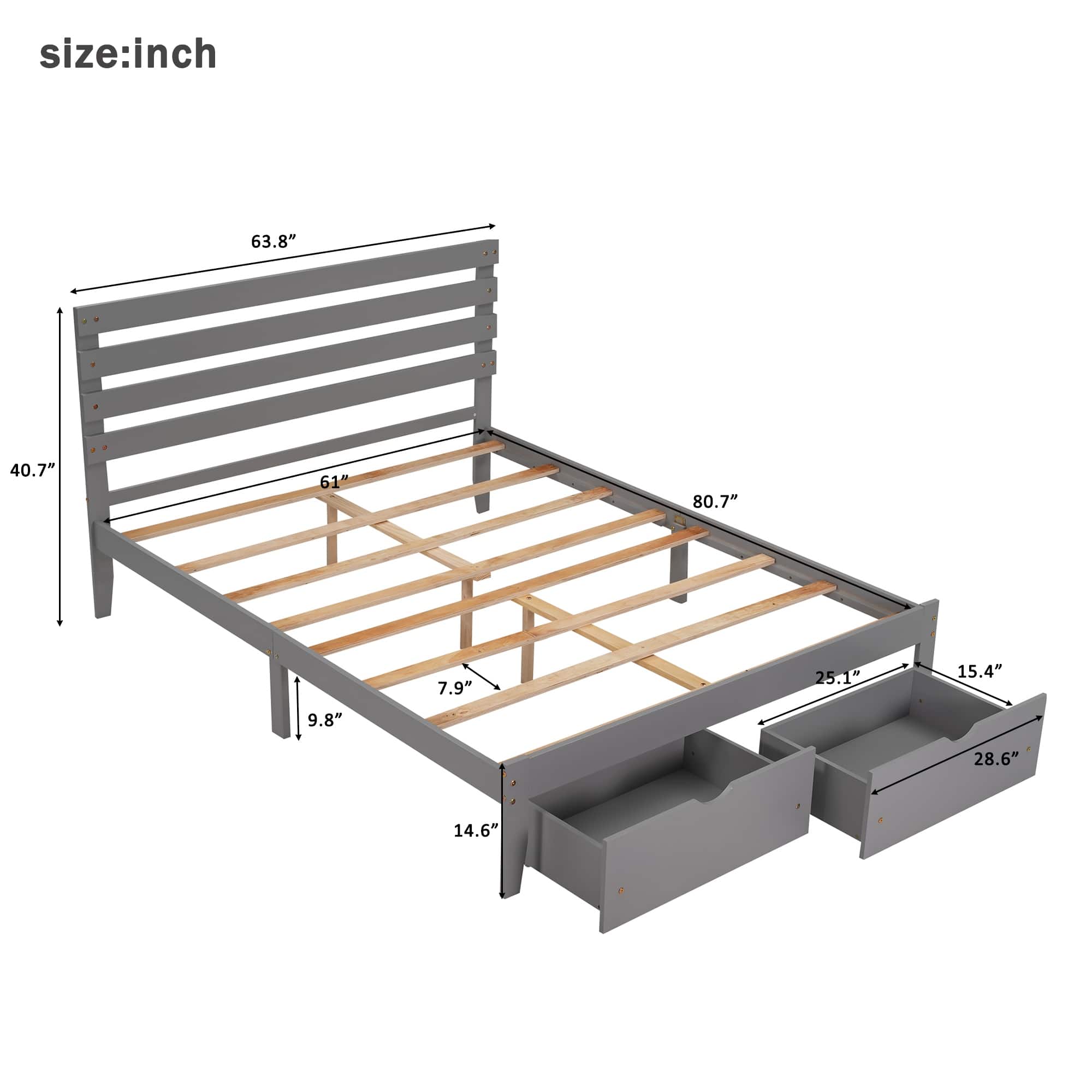Queen Size Platform Bed with Drawers & Headboard, No Box Spring Needed
