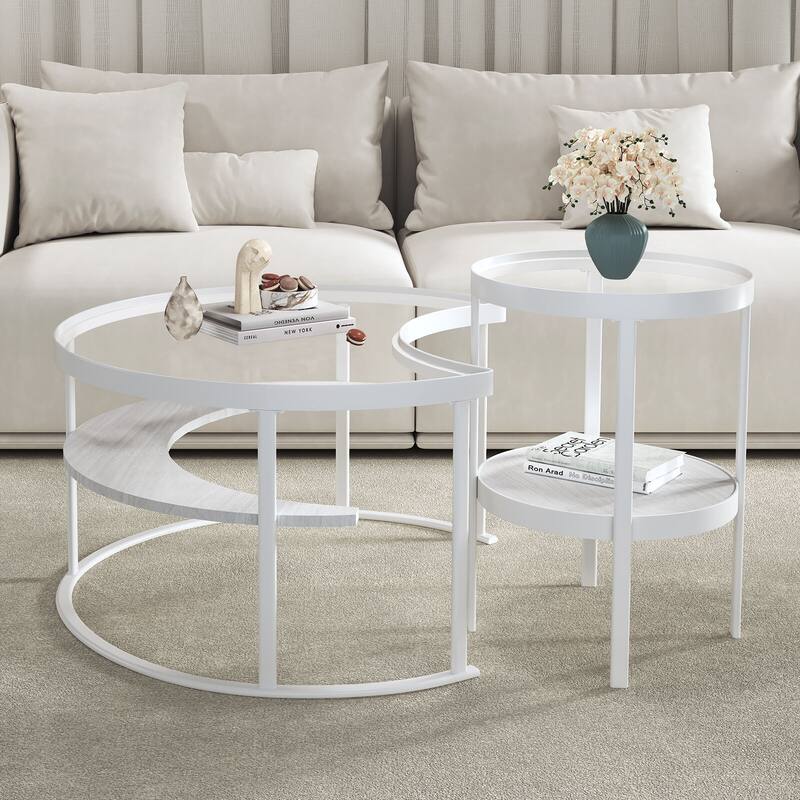 Modern Minimalist Round Coffee Table Set with Tempered Glass Top and Open Wood Storage Shelves
