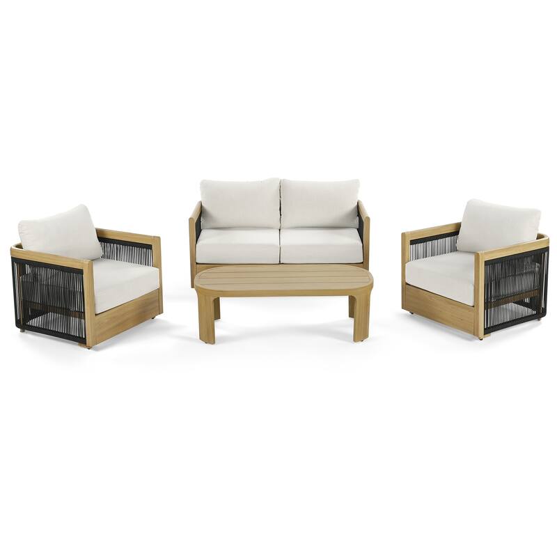 Overture 4-Piece Natural Wood Grain Aluminum Hand-Woven Rope Patio Conversation Set with Beige Cushions and Coffee Table