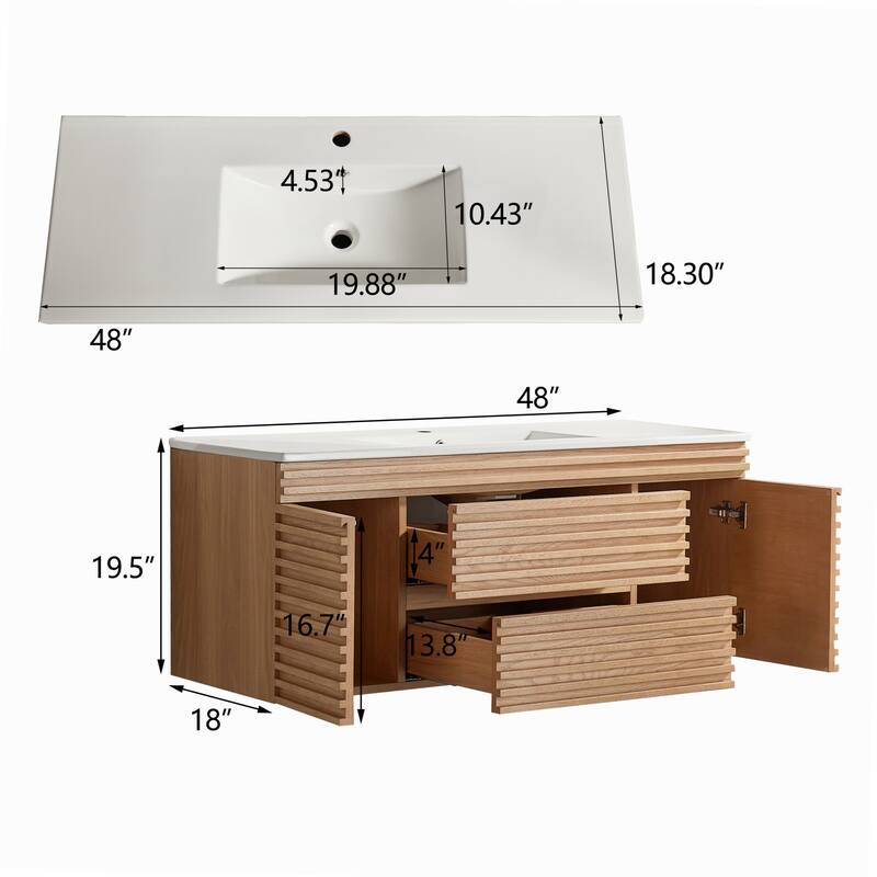 Modland 48" Wall Mount Bathroom Vanity with Ceramic Sink, 2 Soft-Close Drawers & 2 Doors - 48 inch