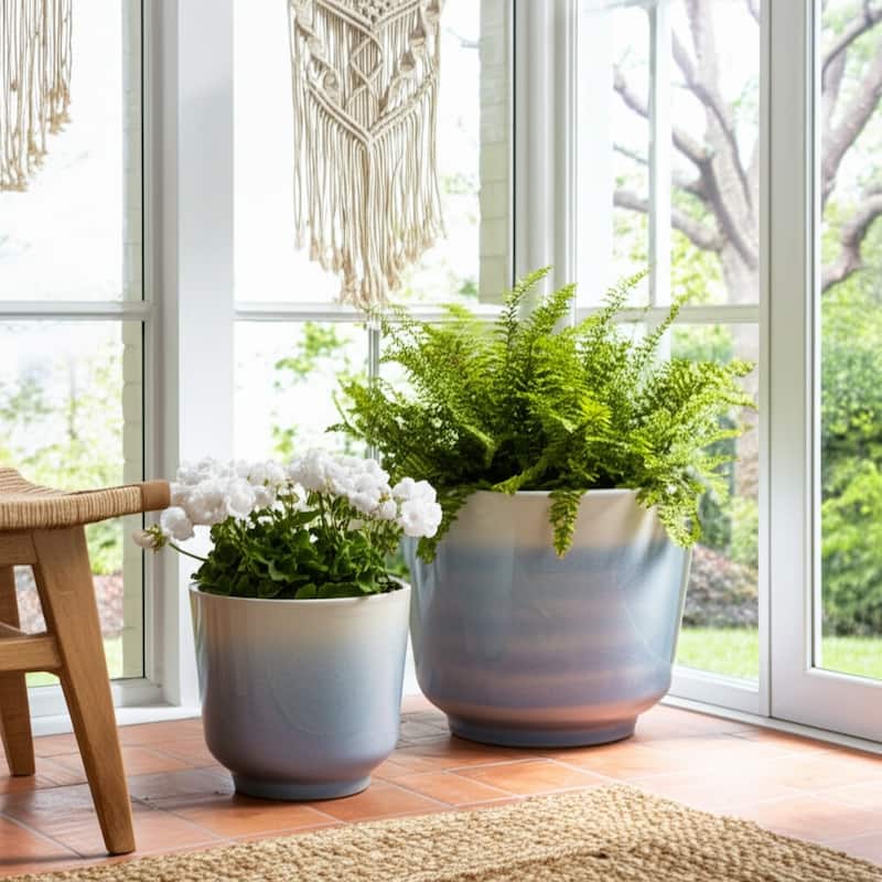 Ceramic Stone Planter Pots with Drainage Holes and Glossy Glazed Finish - 12x12x10 - Blue