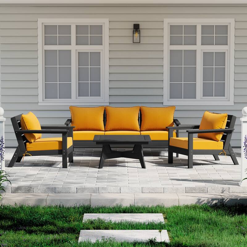 Birchwood All Weather HDPE Outdoor Patio Black Deep Seating Conversation Set (6-Piece Set) - Black/Yellow