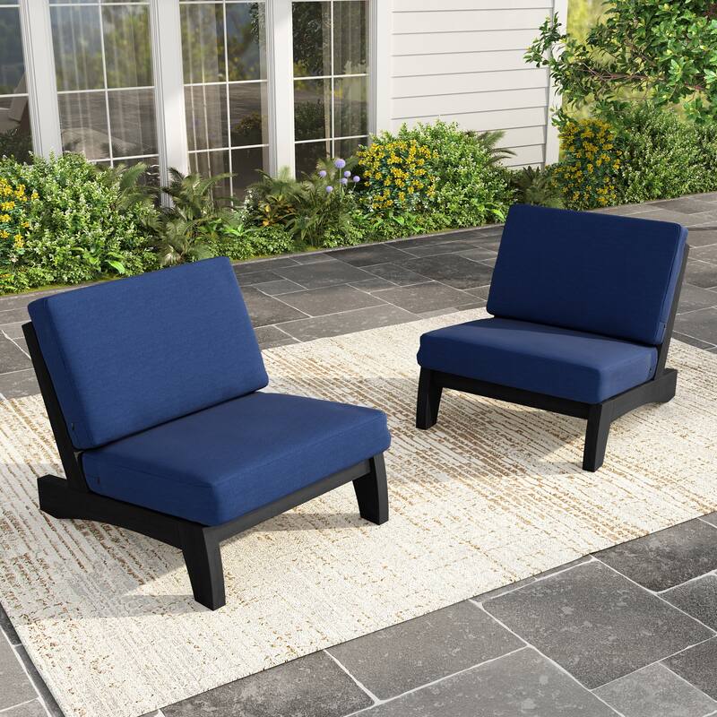 Set of 2 Patio Teak Wood Outdoor Club Chair with Cushions - Dark Wood - Navy
