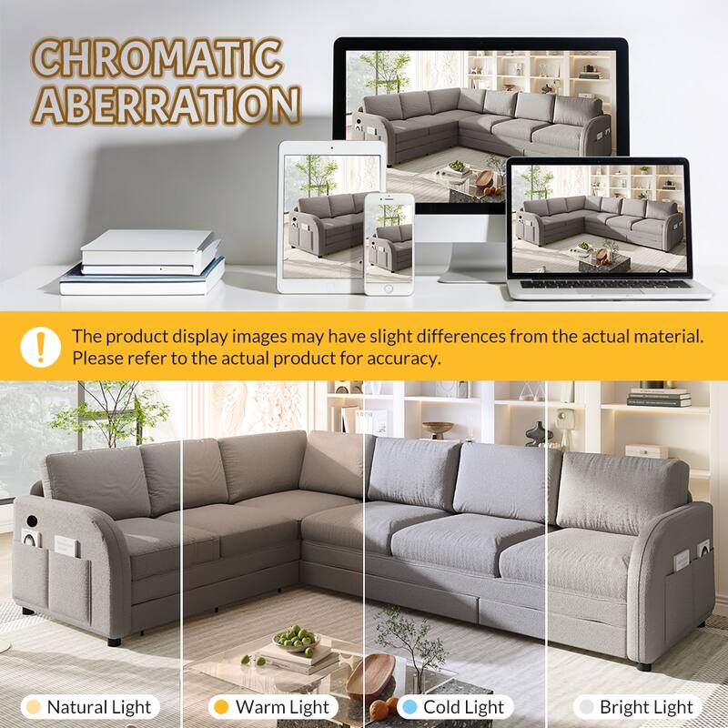 115" L-Shaped Sectional with Pull-Out Bed, USB Ports & Side Pockets, King Size Upholstered Bed