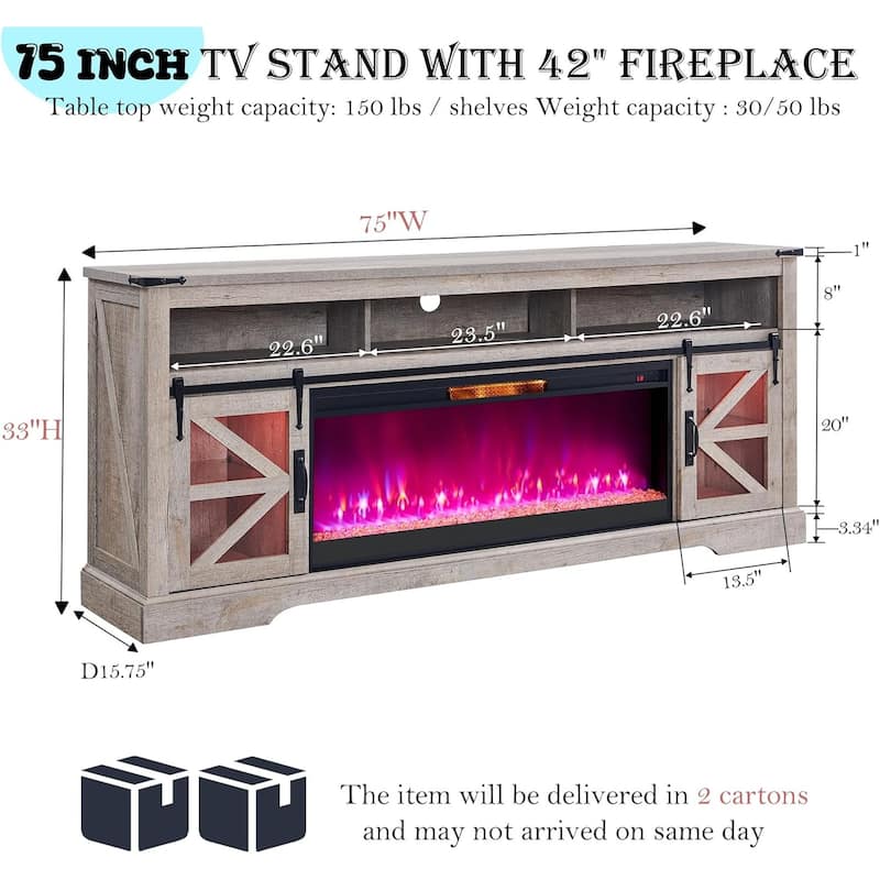 Farmhouse Fireplace TV Stand for 80" TV, Rustic Entertainment Center