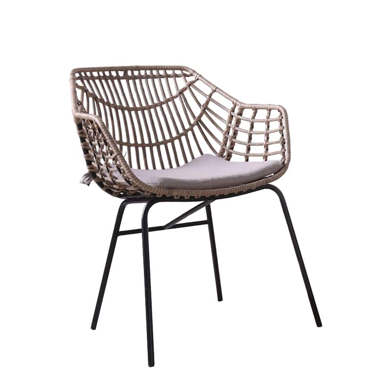 Zyan 3pc Outdoor Set, 2 Accent Chairs with Table, Black Steel, Gray, Rattan