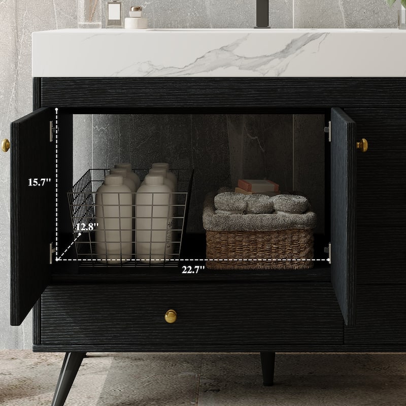 36" Bathroom Vanity with Faux Marble Top & Ceramic Sink, 5-Drawer Storage Cabinet with Stainless Steel Legs