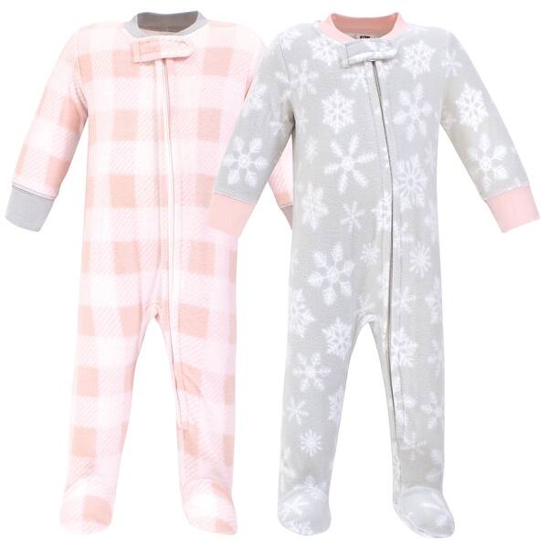 slide 1 of 1, Hudson Baby Infant Girl Fleece Zipper Sleep and Play 2pk, Gray Pink Snowflake 0-3 Months - Gray Pink Snowflake