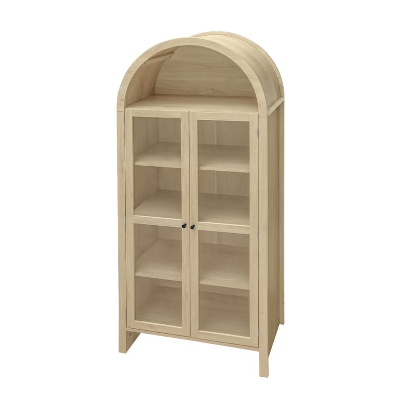 Roomfitters 70.28" Tall Arched Kitchen Pantry Cabinet, Modern Farmhouse Storage Cabinet with Glass Doors, Natural