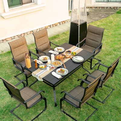 Nuu Garden Patio 7-Piece Textilene and Iron Dining Set with Umbrella Hole