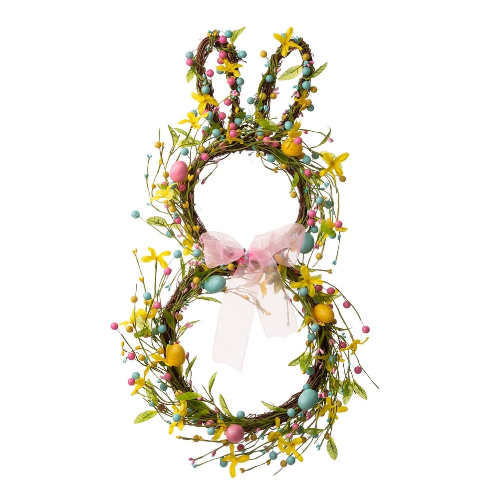 Glitzhome Easter Bunny Shaped Wreath with Eggs Satin Ribbon Bow Basket