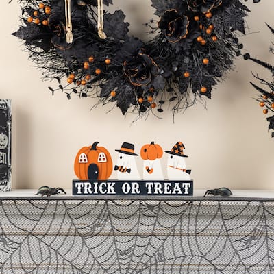 Glitzhome 12"L Halloween Wooden TRICK OR TREAT Pumpkin & Ghosts Table Decor