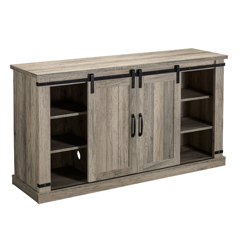 54 in. Antique Gray Oak Sliding Doors TV Stand for TVs up to 60 in. with Electric Fireplace