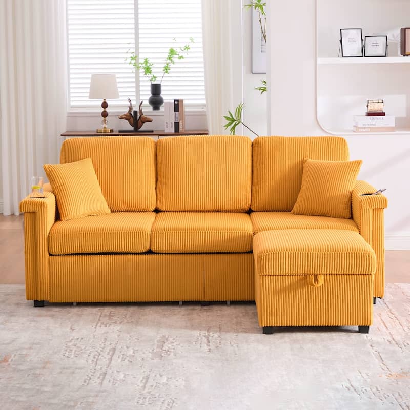 L-Shaped Sectional Sofa with Pull-Out Storage,Ottoman & Pillows 3-Seat with USB Charging,Cup Holder, Convertible Design