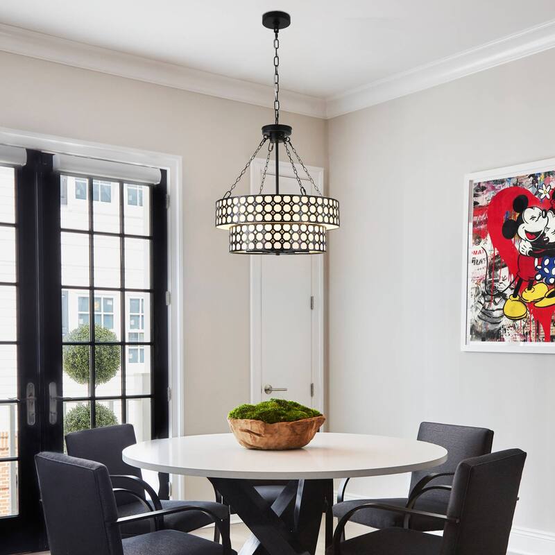 20" Modern Matte Black Two-Tier Drum-Shaped Light Fixture, 6 Lights with Adjustable Hanging Chain for Dining Room and Bed Room