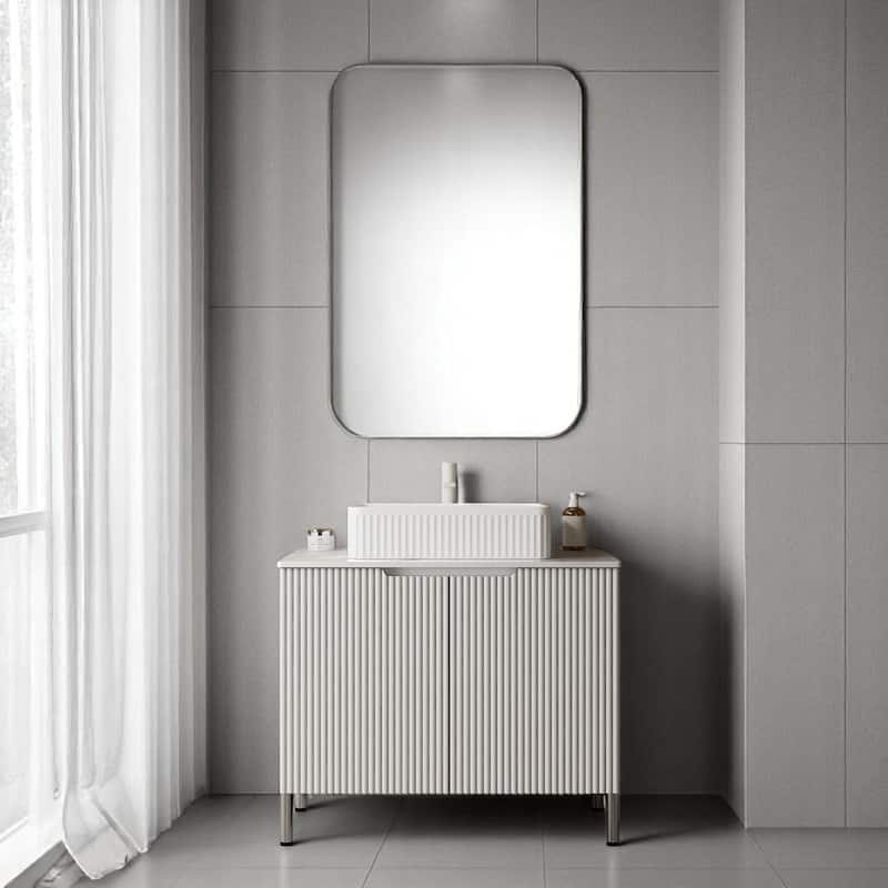 30 Inch Freestanding Bathroom Vanity with Ceramic Basin, Sintered Stone Top & Storage Cabinet - White