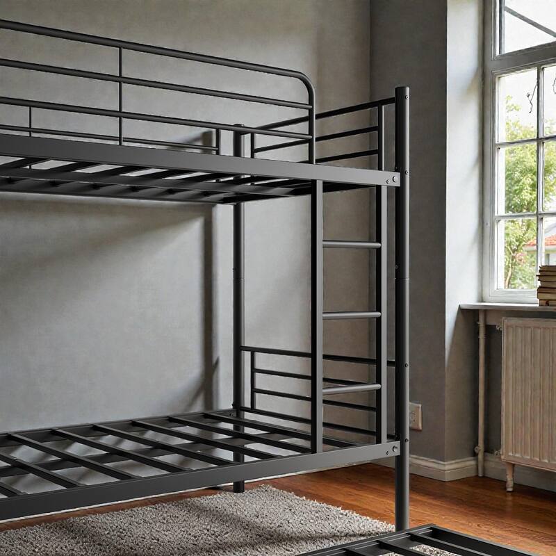 Twin Over Twin Metal Bunk Bed with Trundle, Heavy Duty Frame, Full-Length Guardrail, Ladder, No Box Spring Needed