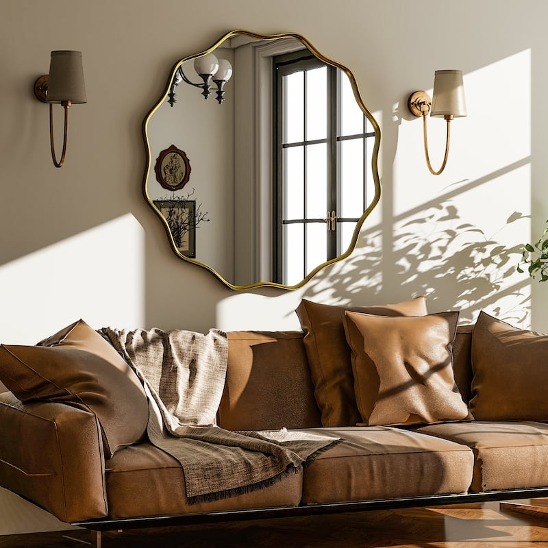 Round Wavy Bathroom Mirror Deep Frame Decorative Mirror Wall-Mounted