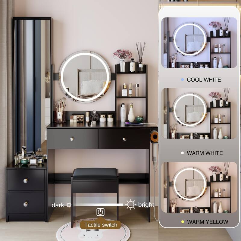 Full Body Mirror Cabinet + Round Mirror LED Vanity Table + Cushioned Stool, With 2 AC + 2 USB Power Station