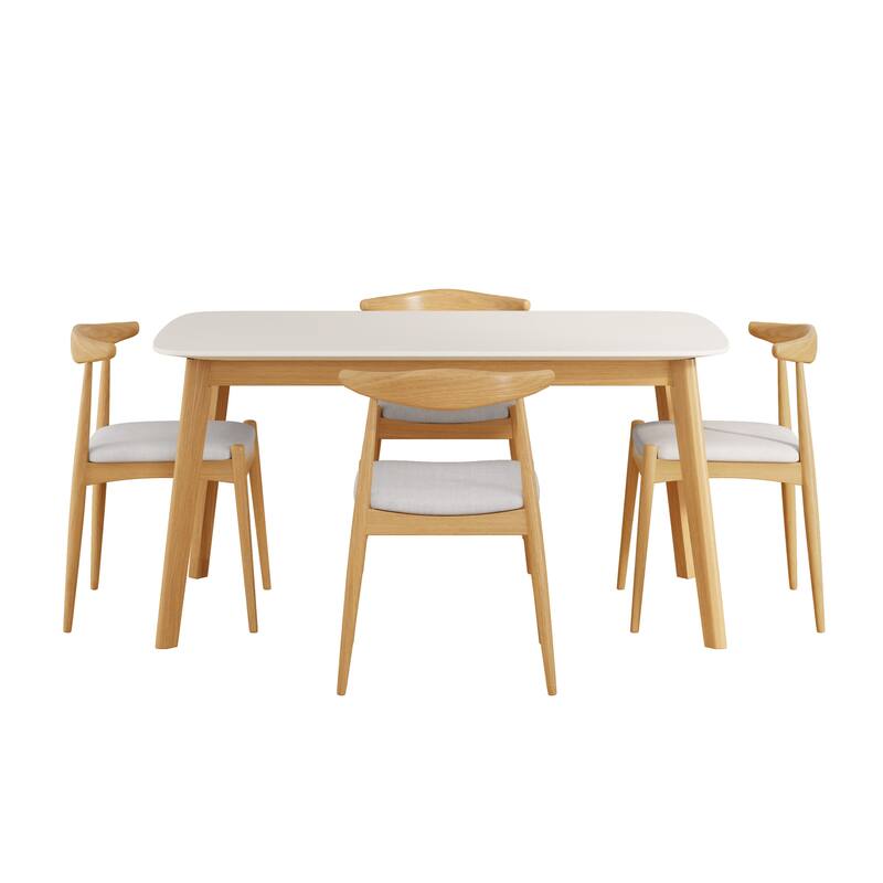 Modern Dining Set with Rubberwood Table and 4 Beige Upholstered Chairs, Ergonomic Chairs with Padded Seat