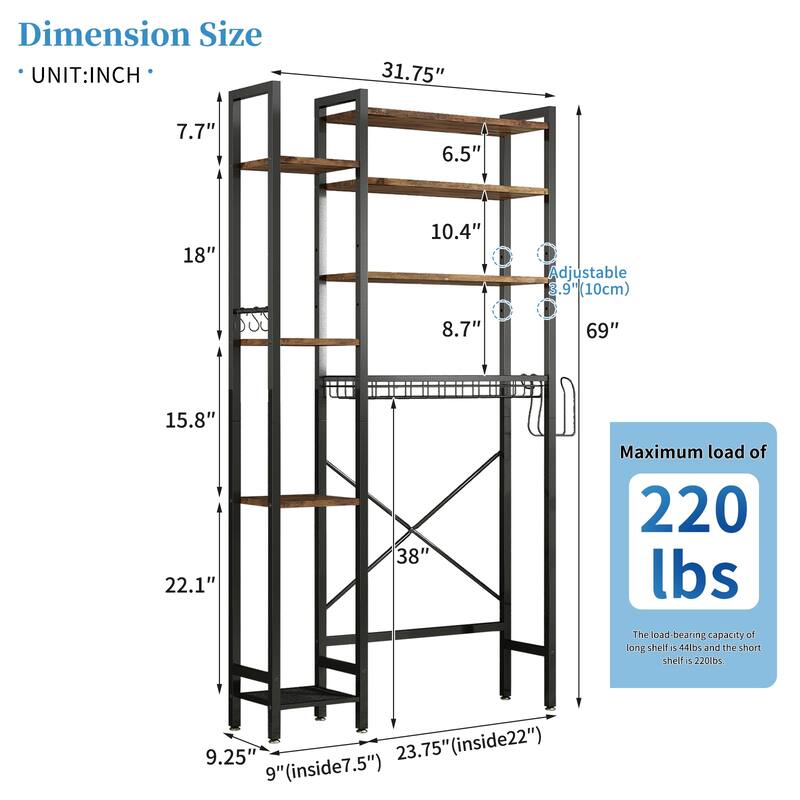 8-Tier Over The Toilet Storage with Side Rack, Over Toilet Storage Rack with Adjustable Shelf & Drain Basket