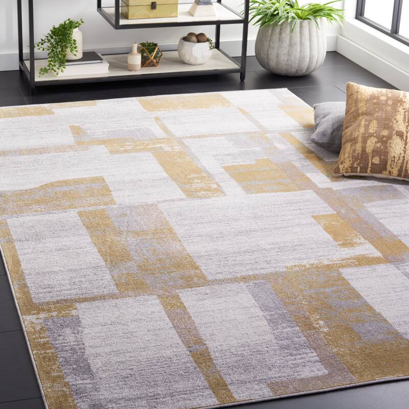 SAFAVIEH Bayside Machine Washable Shereen Mid-Century Modern Abstract Rug - 6'7" Square - Ivory/Grey Gold