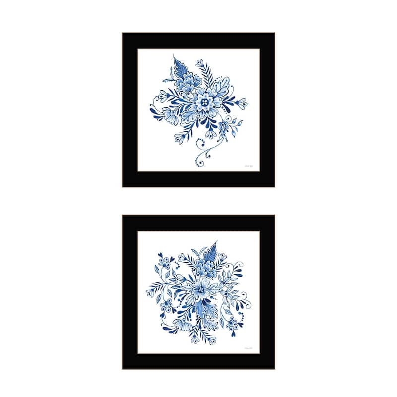 Trendy Decor 4U "Delph Designs of Blue and White Florals" Printed Framed Wall Art by Cindy Jacobs - Black - 14 x 14