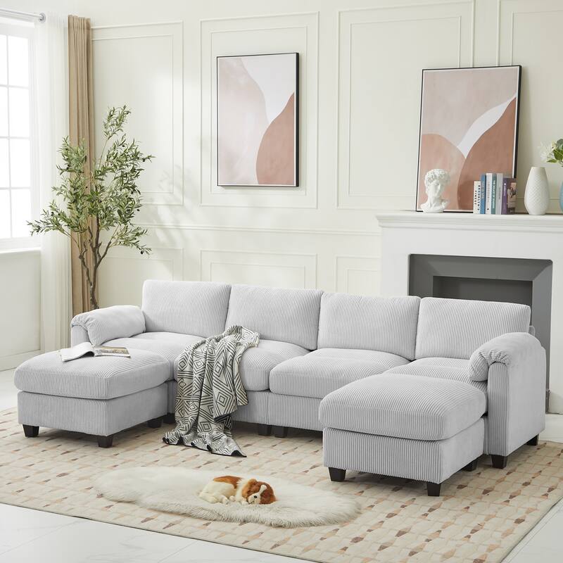 Multi-Seater Corduroy Sectional Sofa, Modular Settee, Included Removable Ottomans