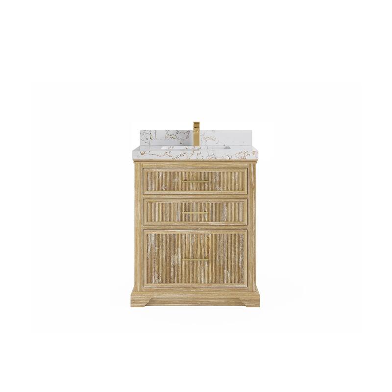 Willow Collections 30 x 22 Alys Solid Teak Wood Single Sink Bathroom Vanity with Quartz or Marble Countertop - 2"Viola Gold - Whitewashed