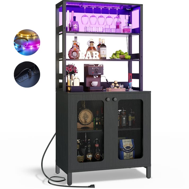 66.9'' Tall Modern Wine Cabinet Bar Cabinet with Wine Glasses Rack and LED Strip and Power Outlets