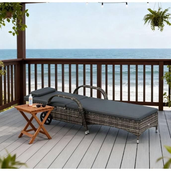 GDFStudio - Outdoor Adjustable Backrest Rattan Pool Lounge Chair with Wheels and Cushion