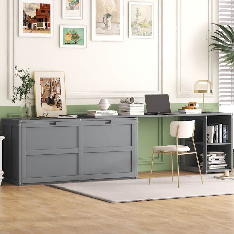 Grey Queen Murphy Bed in Pine Wood & MDF with Rotating Desk and Storage Shelves