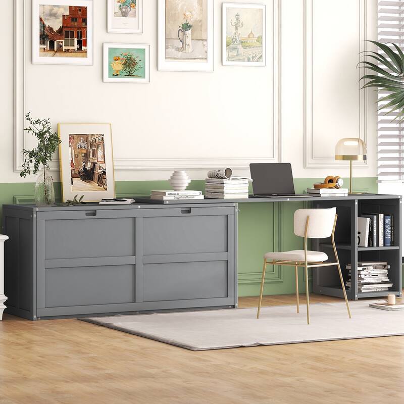 Solid Wood Queen Size Murphy Bed with Rotable Desk, Hidden Wall Murphy Bed Frame w/Slats Support for Bedroom/Apartment