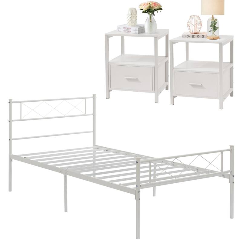 VECELO Industrial 3-Piece Bedroom Set Metal Bed Frame with Headboard and Modern Nightstand Set of 2