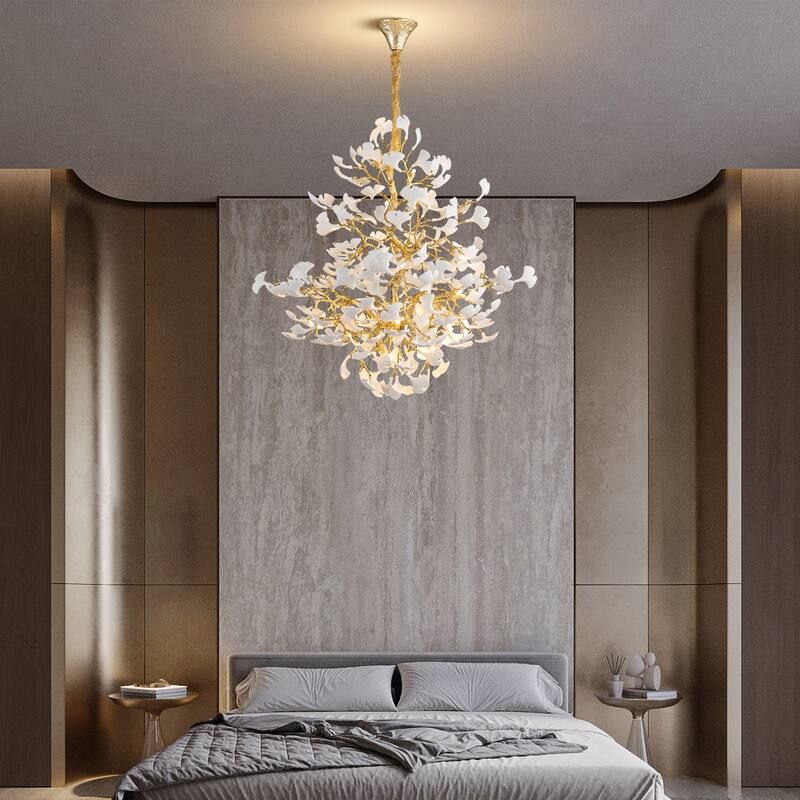 Modern Ginkgo Leaf Ceramic Chandelier, Moon Ring Round Pendant Light, D550-D1200, Gold Finish