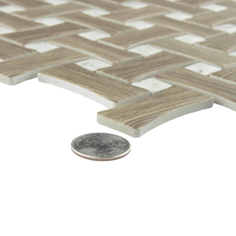 Merola Tile Llama Dog Bone Basketweave Noce/Calacatta Dot 10" x 10" Porcelain Mosaic Floor and Wall Tile