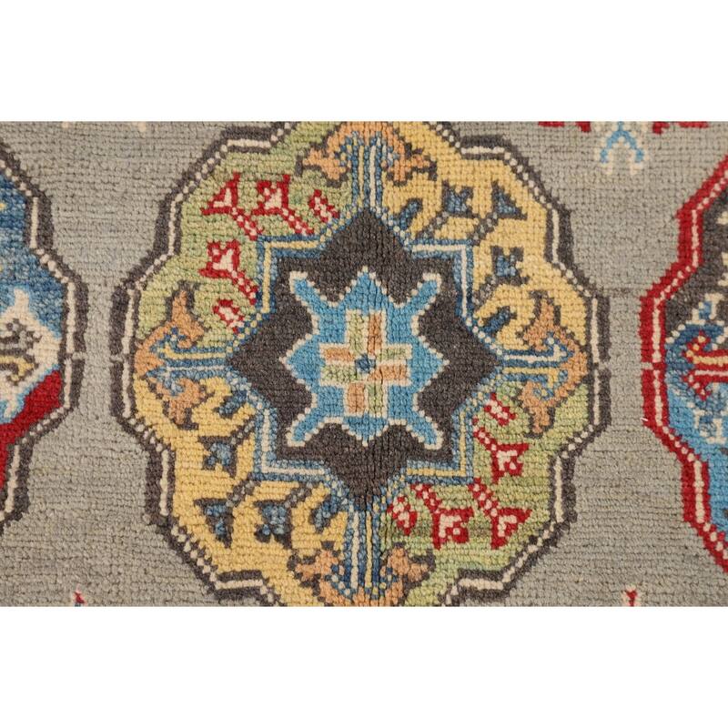 Geometric Grey Kazak Oriental Area Rug Handmade Wool Carpet - 4'10" x 6'11"