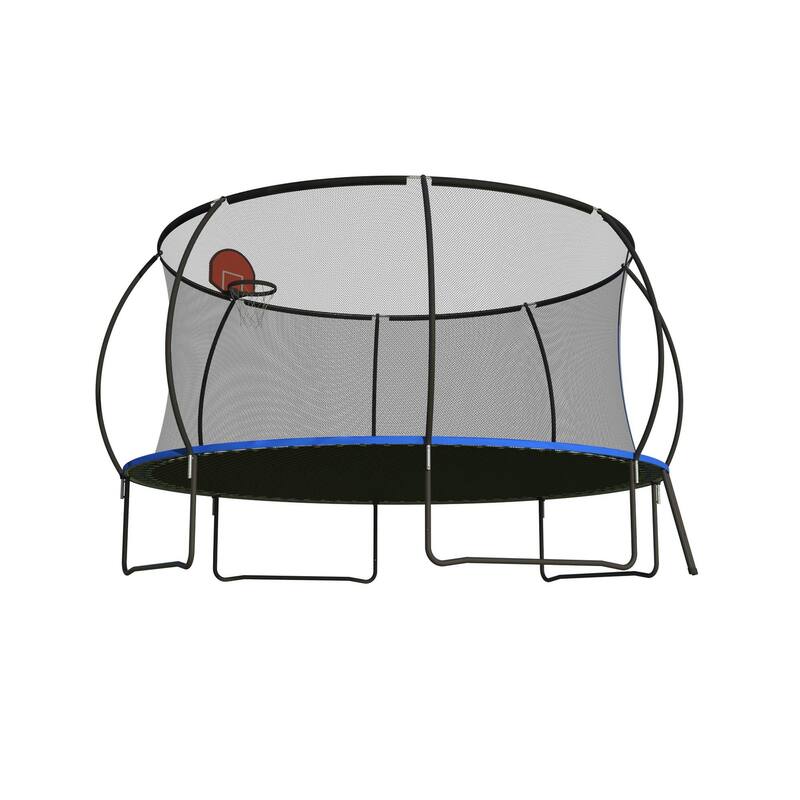 14 foot trampoline with safety fence - Outdoor backyard bouncing mat, including ladder and basketball board (including ball)