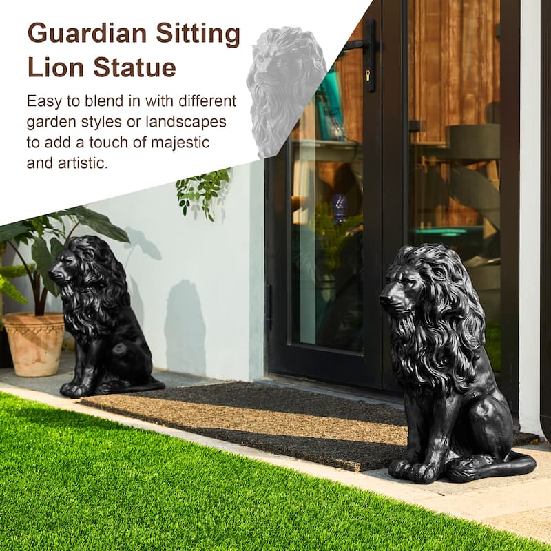 20.75"H MGO Black Guardian Sitting Lion Statue Porch Sign Outdoor Decoration Gifts by Glitzhome