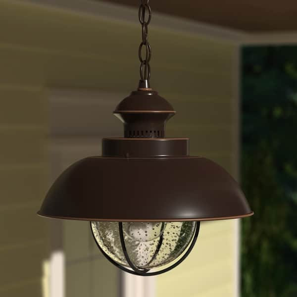 slide 2 of 8, Harwich 1 Light Bronze Coastal Outdoor Barn Dome Pendant Clear Glass - 10-in W x 10.75-in H x 10-in D Burnished Bronze - 10-in W x 10.75-in H x 10-in D