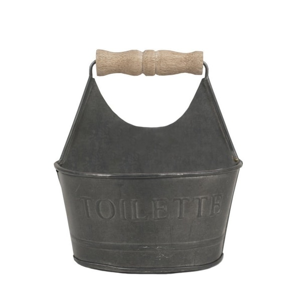 Iron Toilet Caddy With Wooden Handles And Toilette Front, Dark Gray