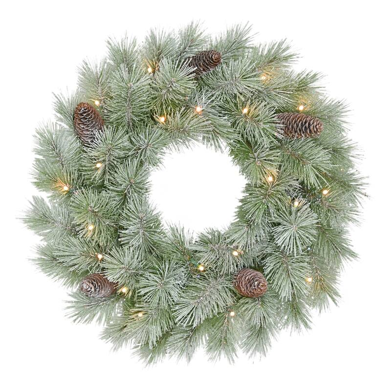 Pre-Lit Battery-Operated Flocked Artificial Christmas Wreath - 24" - Warm White